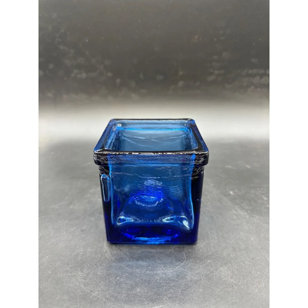 Cobalt Blue Art Glass Square Votive Candle Holder Textured Heavy Glass Planter